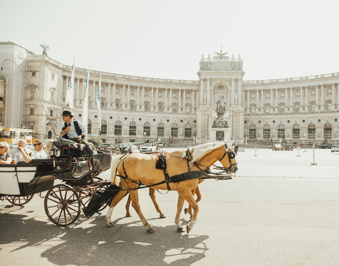 A traditional horse-drawn carriage crosses Heldenplatz in front of the Hofburg Palace in Vienna, Austria. The palace&rsquo;s curved historic fa&ccedil;ade and equestrian monument frame the city-centre scene.