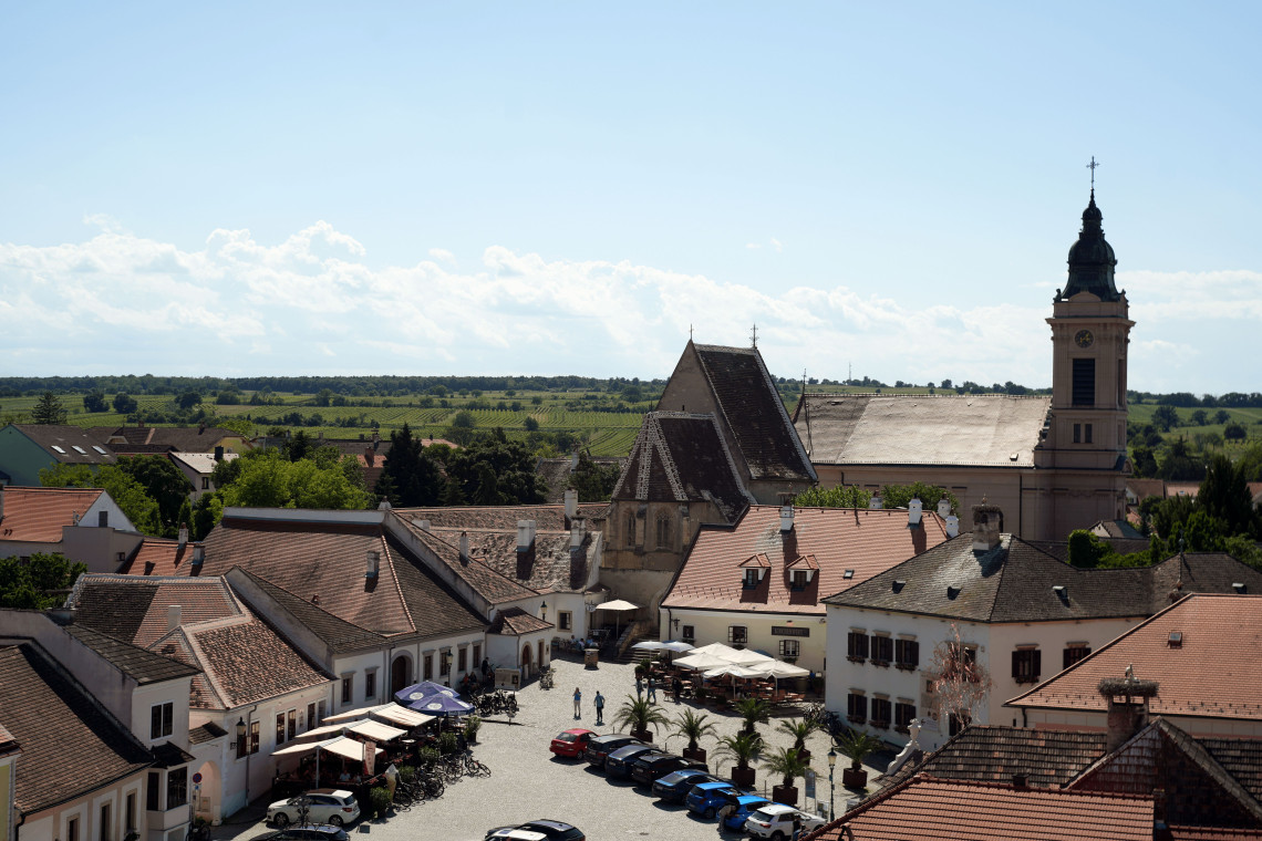 Elevated view across the historic centre of Rust, Austria, with traditional houses, outdoor caf&eacute;s and a prominent church tower. Vineyards and the countryside near Lake Neusiedl extend beyond the town.
