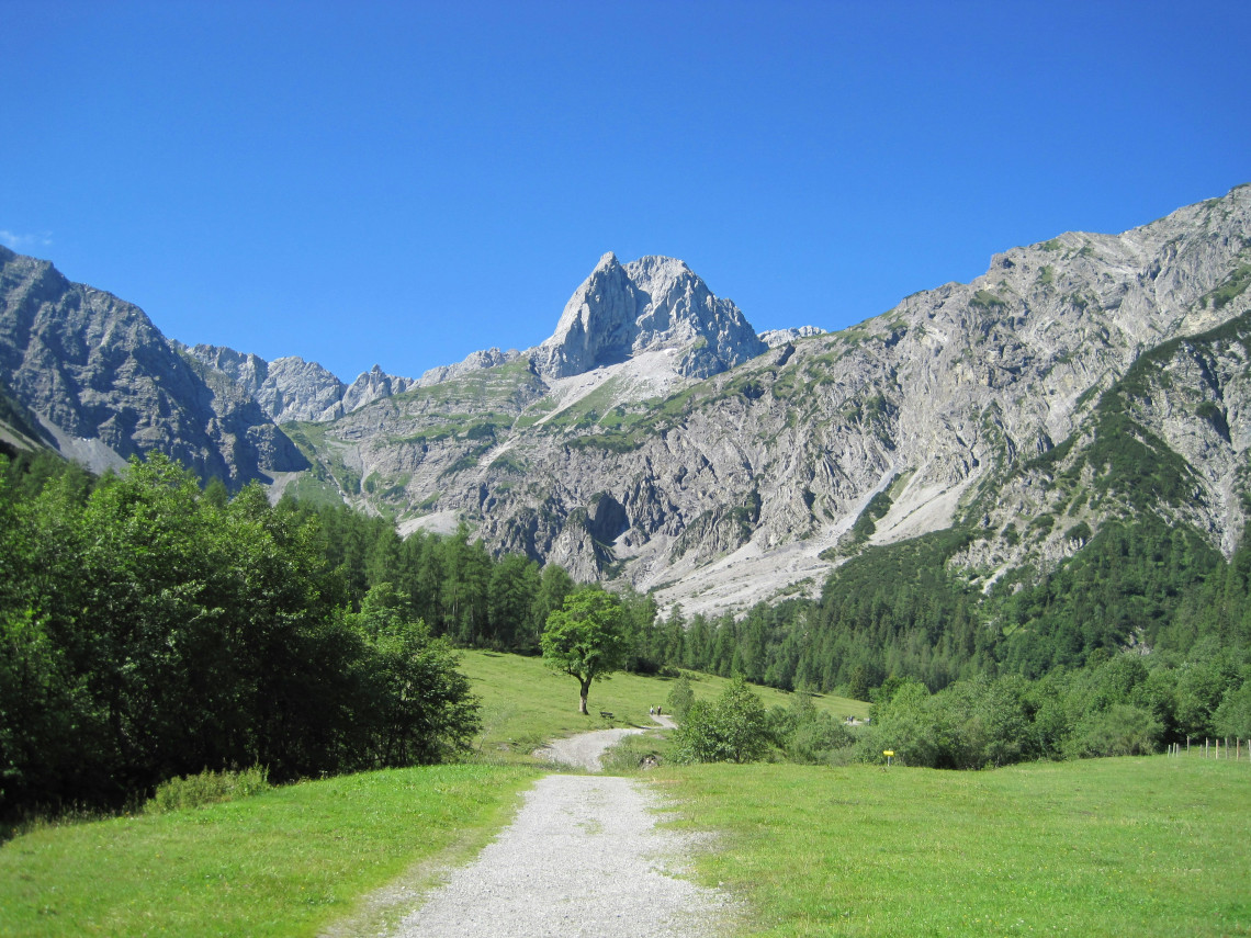A gravel hiking trail crosses a green valley in the Austrian Alps, surrounded by forest and steep limestone peaks. The open mountain landscape sits beneath a clear blue sky.