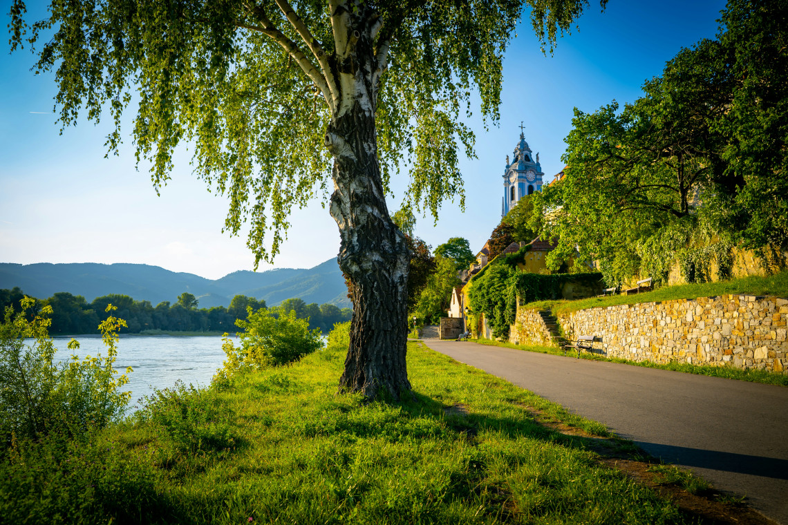 A riverside path follows the Danube toward D&uuml;rnstein Abbey in D&uuml;rnstein, Austria. Trees, stone walls and the abbey&rsquo;s blue-and-white tower frame the Wachau Valley landscape.