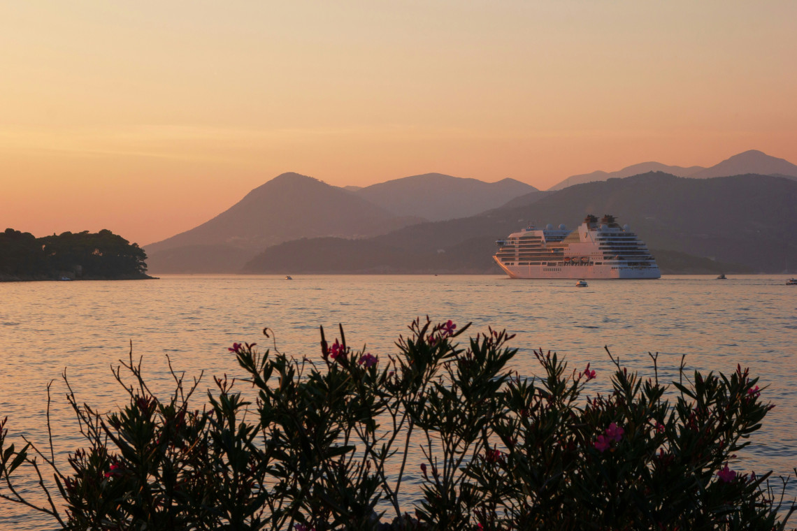 Cruise ship sailing across the Adriatic Sea near Dubrovnik, Croatia, framed by flowering coastal vegetation and layered mountains during sunset.