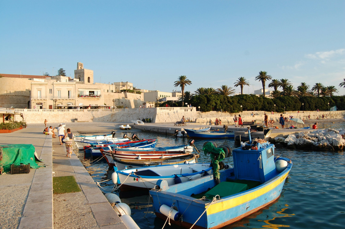 Colourful traditional fishing boats moored in Porto Vecchio, Monopoli, with the stone waterfront and palm trees of the historic harbour in the background.