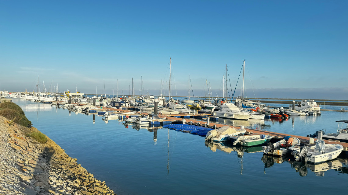 Sailboats and small leisure craft are moored along floating docks in a calm Algarve marina under a clear blue sky.