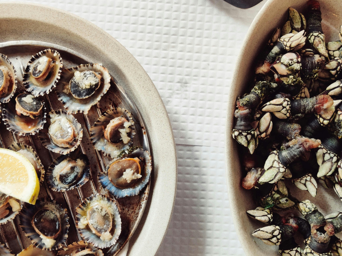 Traditional Portuguese shellfish served in the Algarve, Portugal, with grilled limpets arranged beside a plate of goose barnacles. A lemon wedge accompanies the seafood dishes.